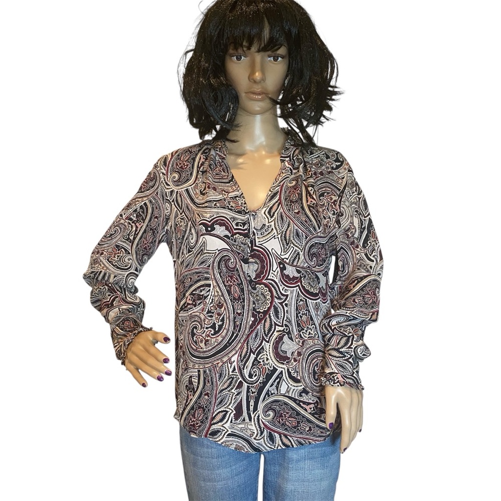 White House Black Market WHBM Silk Paisley Ruffles Print Blouse Top Size 10 EUC